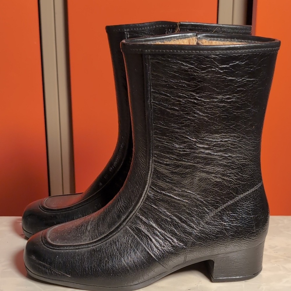 Vtg Black Leather Mid-Calf Boots Women's 8 Extra Wide Waterproof Fleece Line